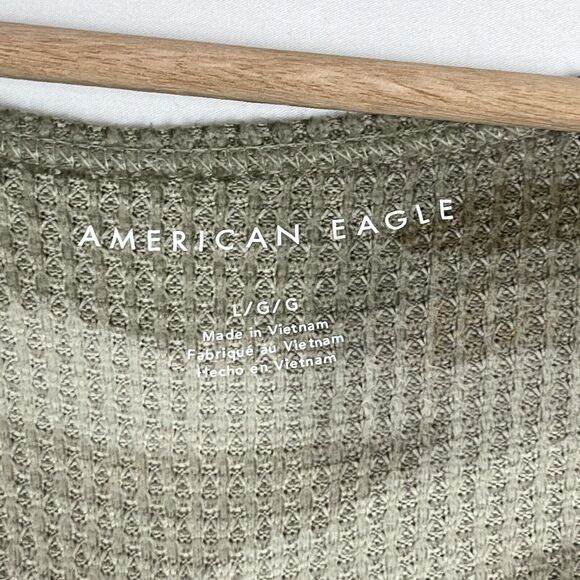 American Eagle V Neck Sweater Sz L Side Slits Camo Olive Green Waffle Knit Boho - Picture 6 of 8